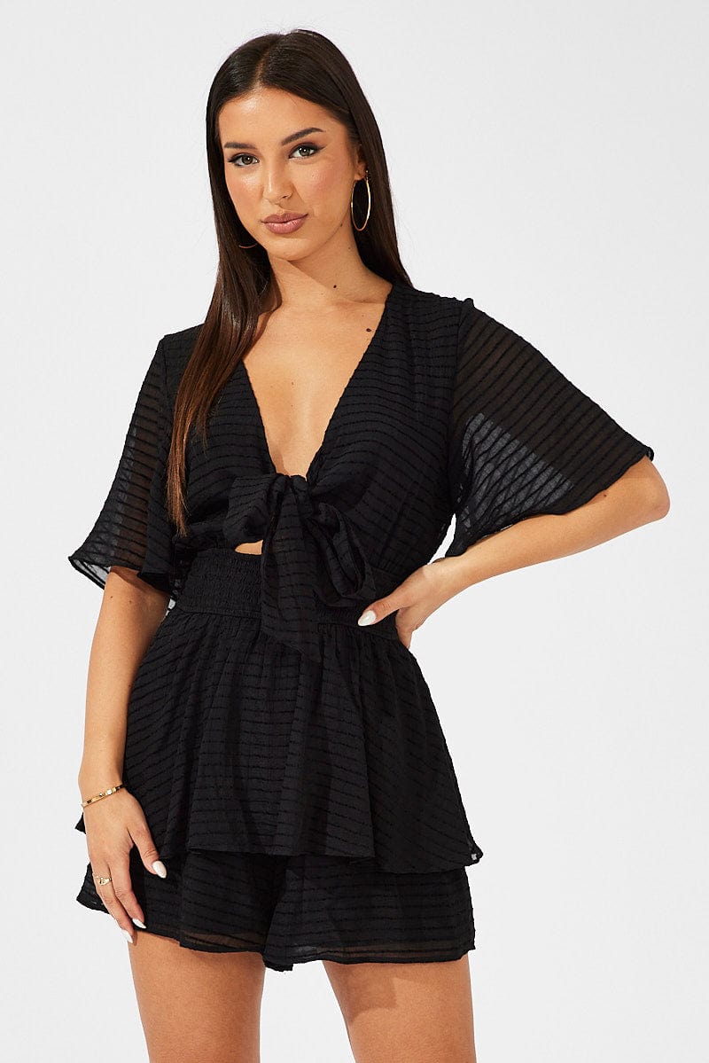 Black Playsuit Tie Front Wing Sleeve | Ally Fashion