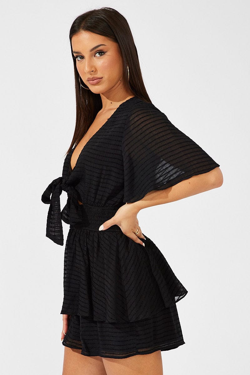Black Playsuit Tie Front Wing Sleeve for Ally Fashion