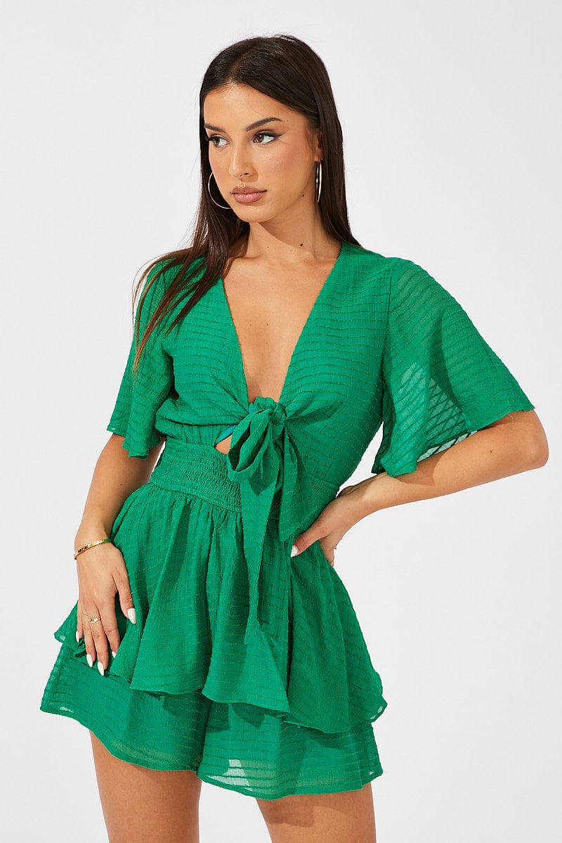 Green Playsuit Tie Front Wing Sleeve for Ally Fashion