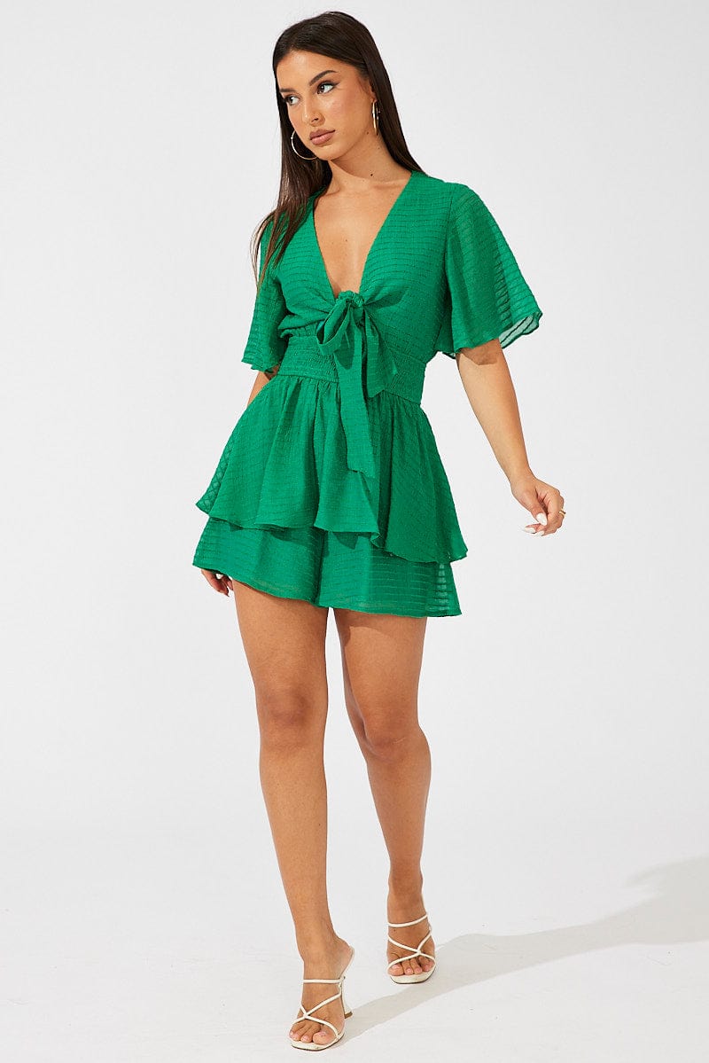 Green Playsuit Tie Front Wing Sleeve for Ally Fashion
