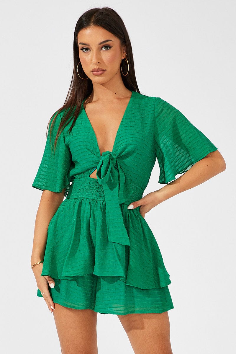 Green Playsuit Tie Front Wing Sleeve | Ally Fashion