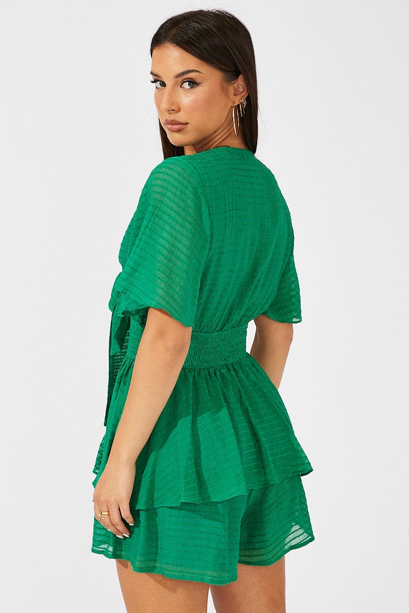 Green Playsuit Tie Front Wing Sleeve for Ally Fashion