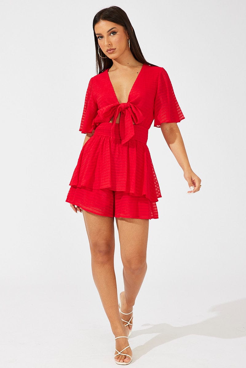 Red Playsuit Tie Front Wing Sleeve for Ally Fashion