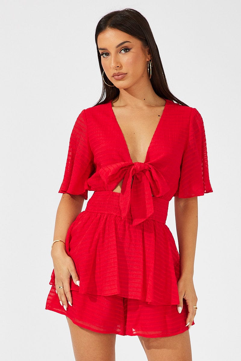 Red Playsuit Tie Front Wing Sleeve for Ally Fashion