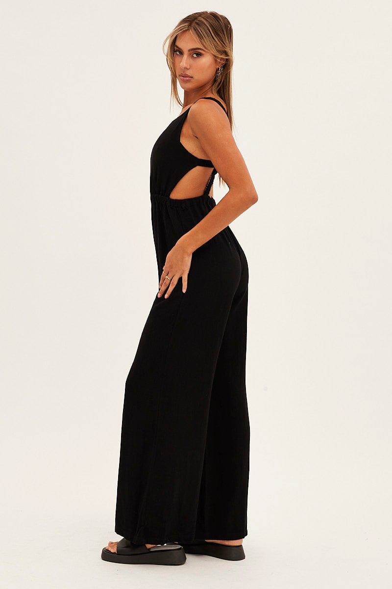 Black Sleeveless Jumpsuit Wide Leg Viscose Linen | Ally Fashion