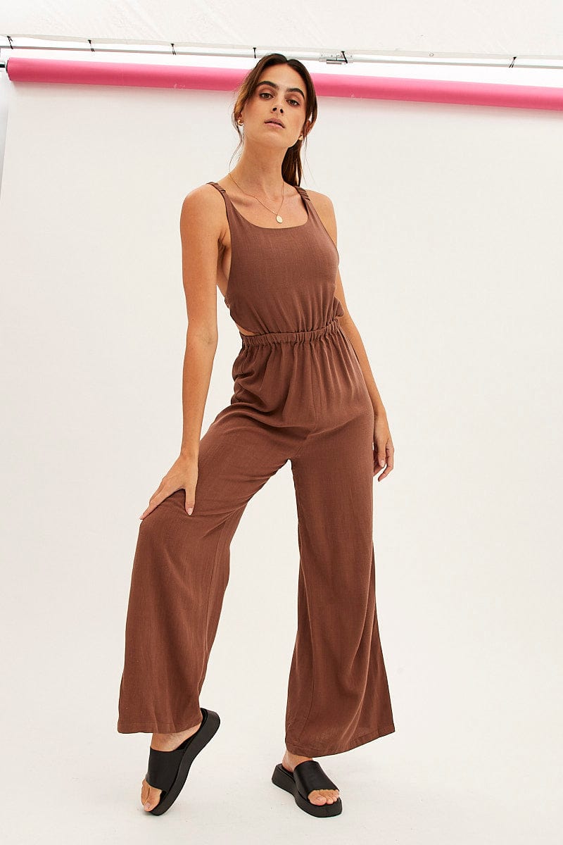 Brown Sleeveless Jumpsuit Wide Leg Viscose Linen for Ally Fashion