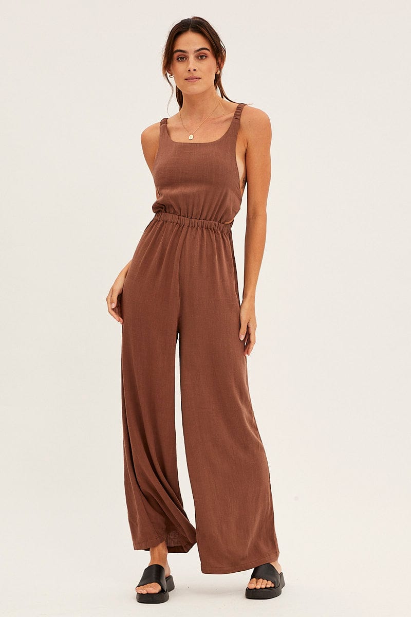 Brown Sleeveless Jumpsuit Wide Leg Viscose Linen for Ally Fashion