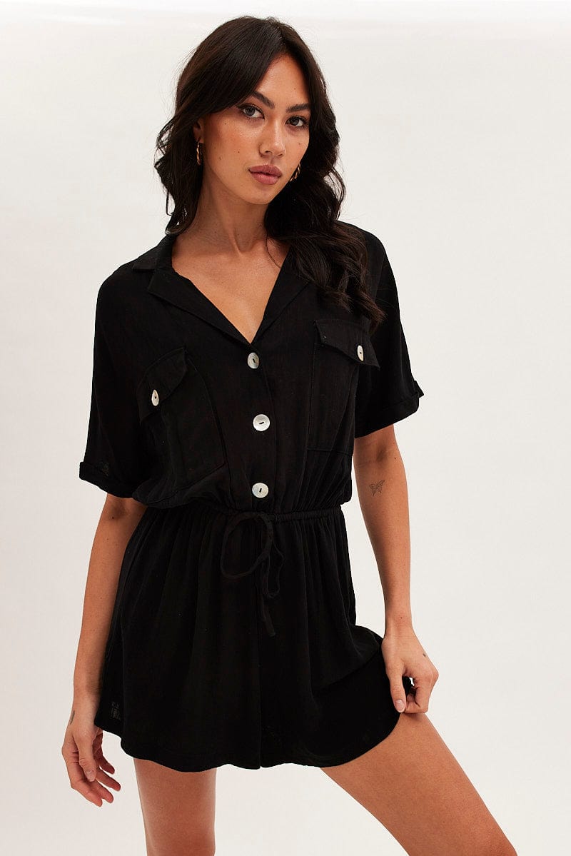 Black Playsuit Short Sleeve V-Neck Linen Blend for Ally Fashion