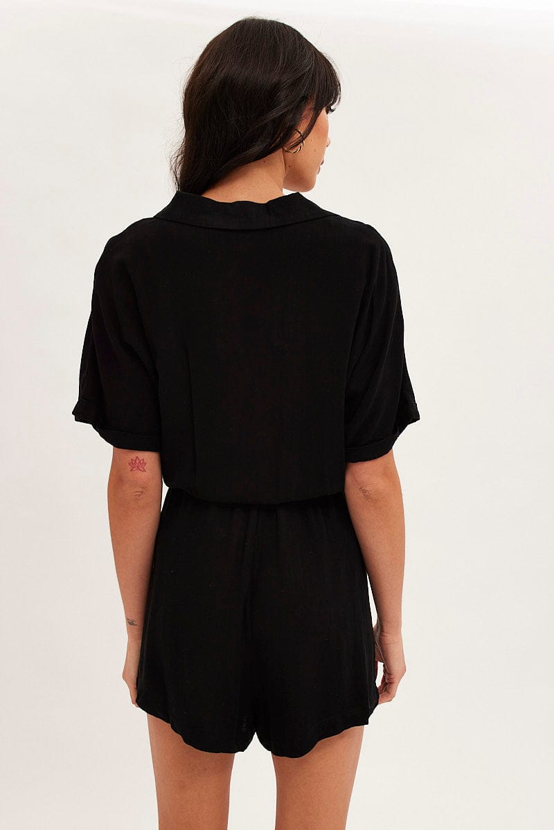 Black Playsuit Short Sleeve V-Neck Linen Blend for Ally Fashion