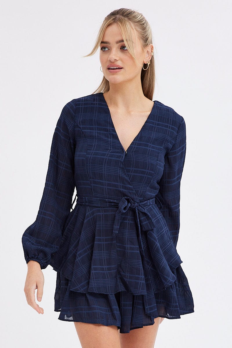 Blue Ruffle Playsuit Long Sleeve Wrap Front for Ally Fashion