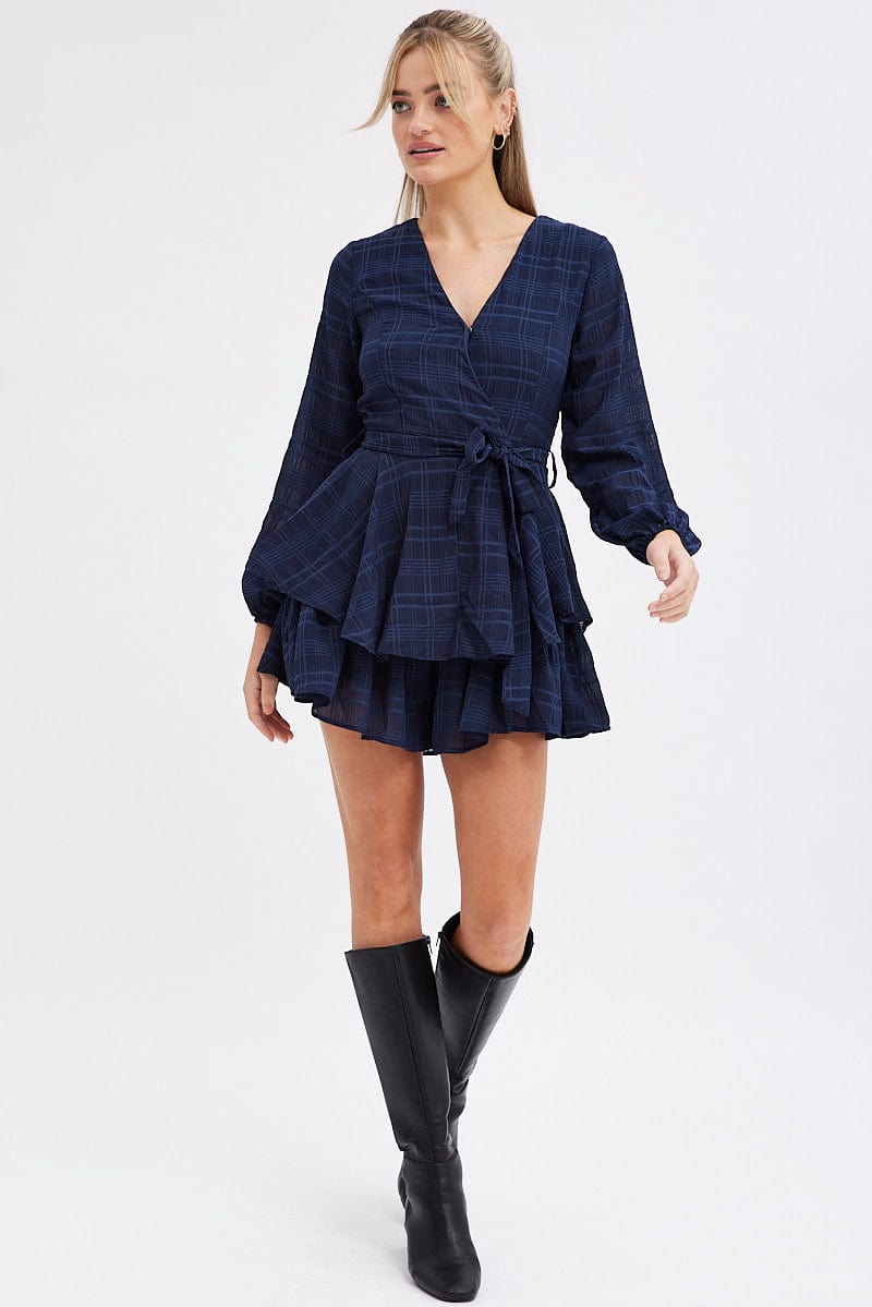 Blue Ruffle Playsuit Long Sleeve Wrap Front for Ally Fashion