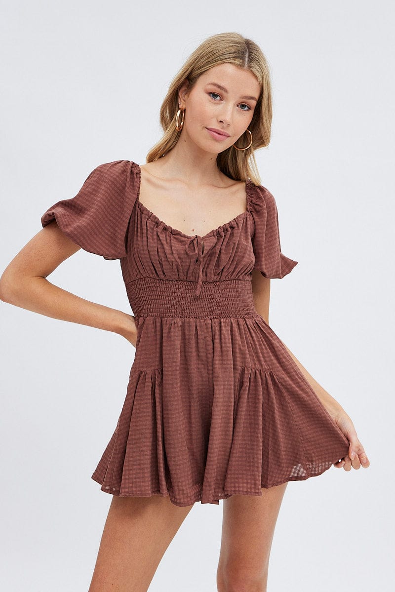 Brown Ruched Playsuit Short Sleeve for Ally Fashion