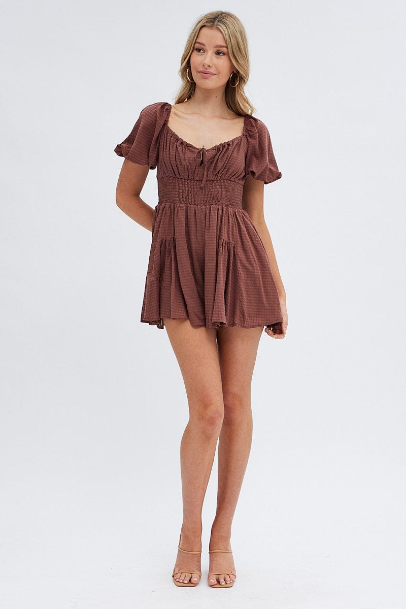 Brown Ruched Playsuit Short Sleeve for Ally Fashion