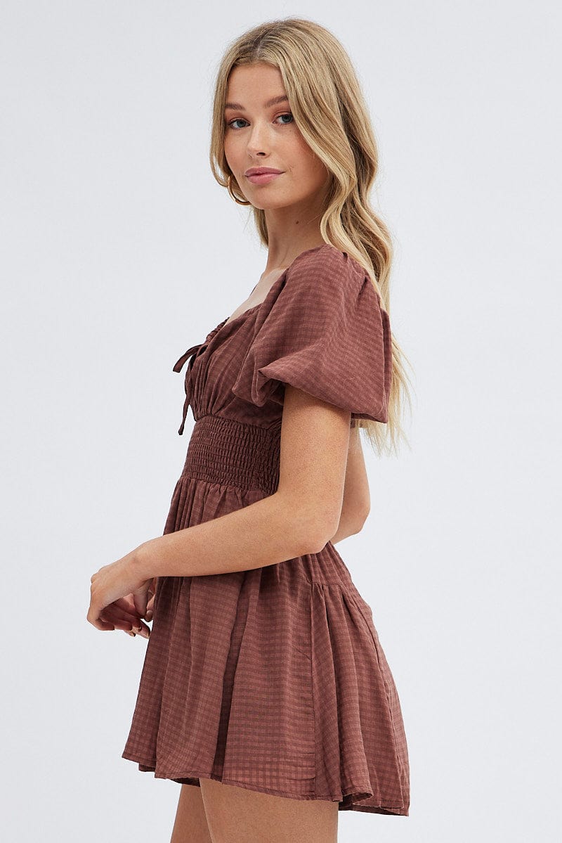 Brown Ruched Playsuit Short Sleeve for Ally Fashion