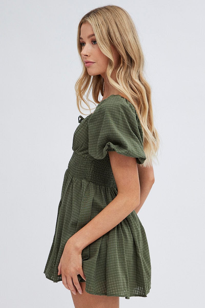 Green Ruched Playsuit Short Sleeve for Ally Fashion