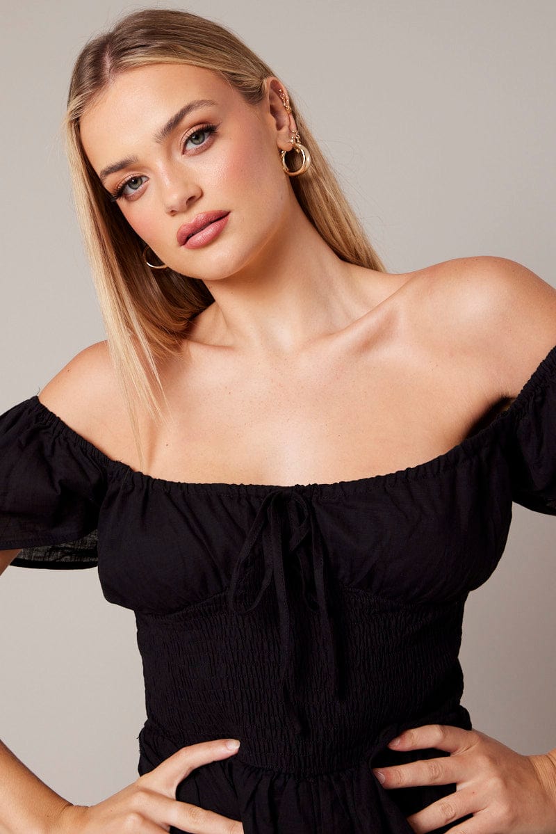 Black Shirred Playsuit Short Sleeve for Ally Fashion