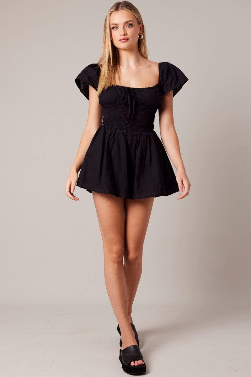 Black Shirred Playsuit Short Sleeve for Ally Fashion