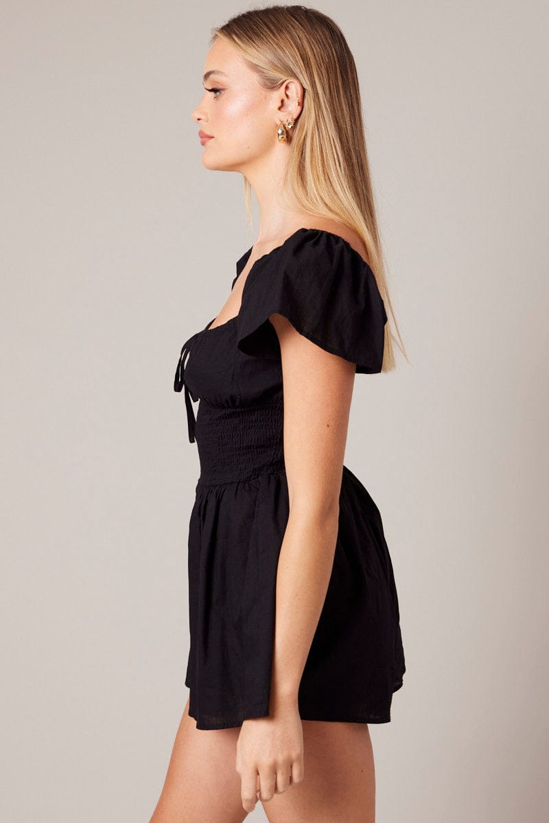 Black Shirred Playsuit Short Sleeve for Ally Fashion