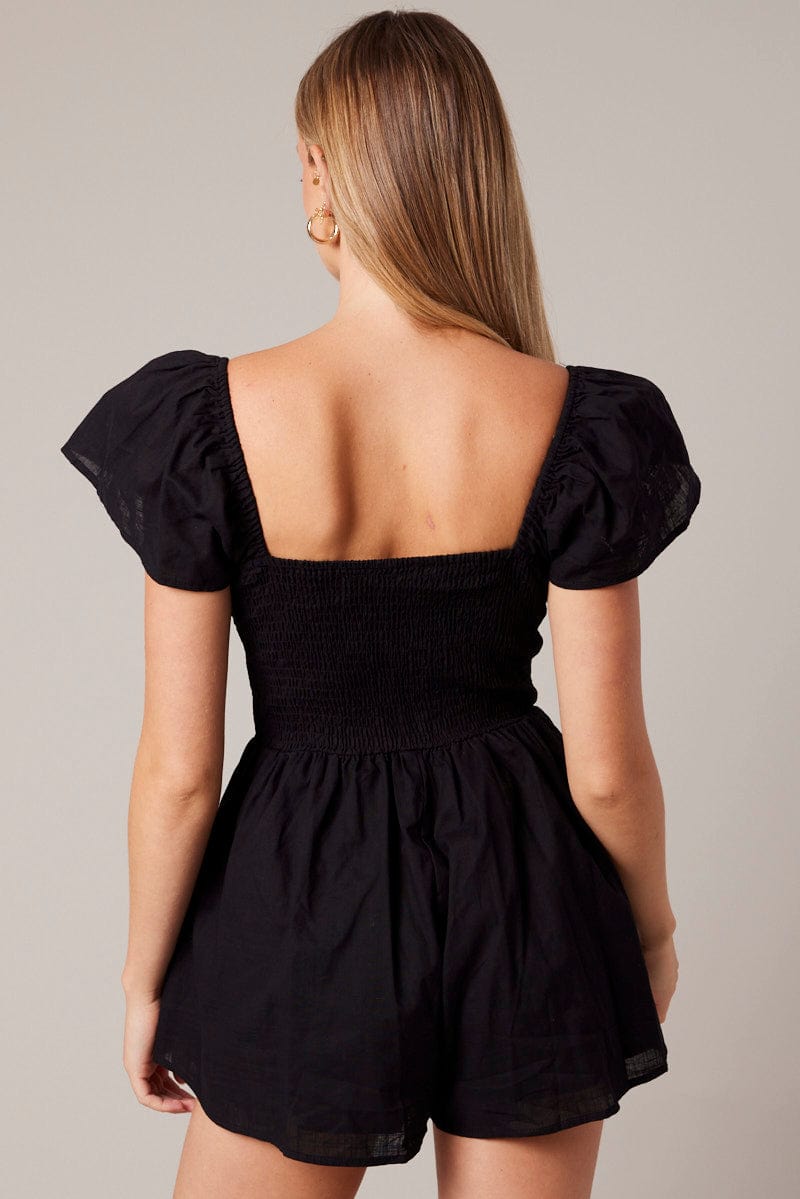 Black Shirred Playsuit Short Sleeve for Ally Fashion
