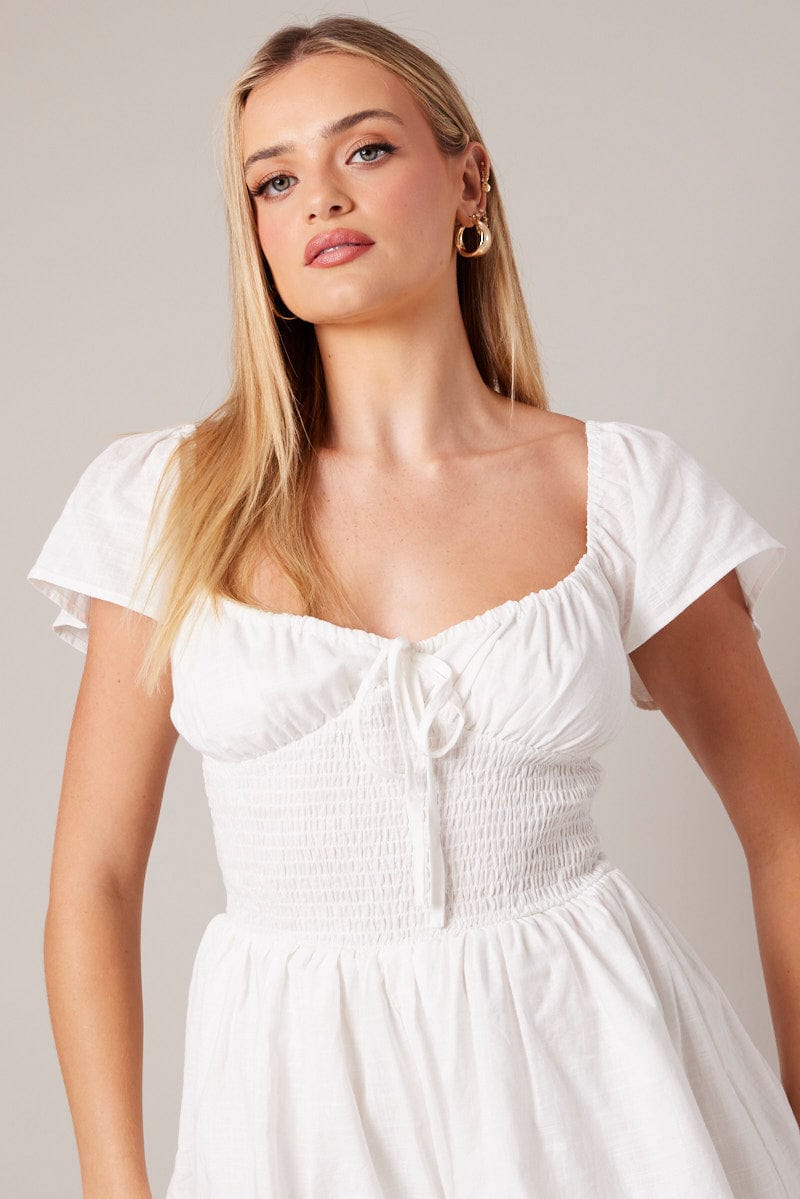 White Shirred Playsuit Short Sleeve for Ally Fashion