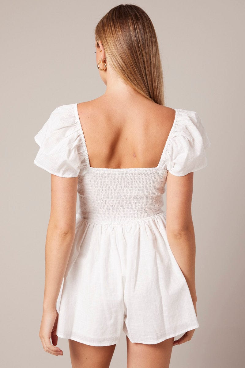 White Shirred Playsuit Short Sleeve for Ally Fashion