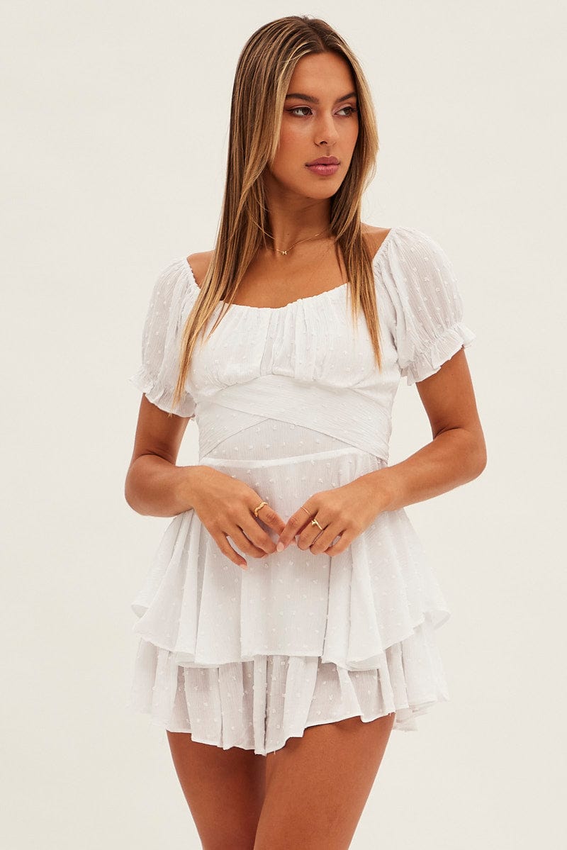 White Ruffle Playsuit Short Sleeve Tie Back for Ally Fashion