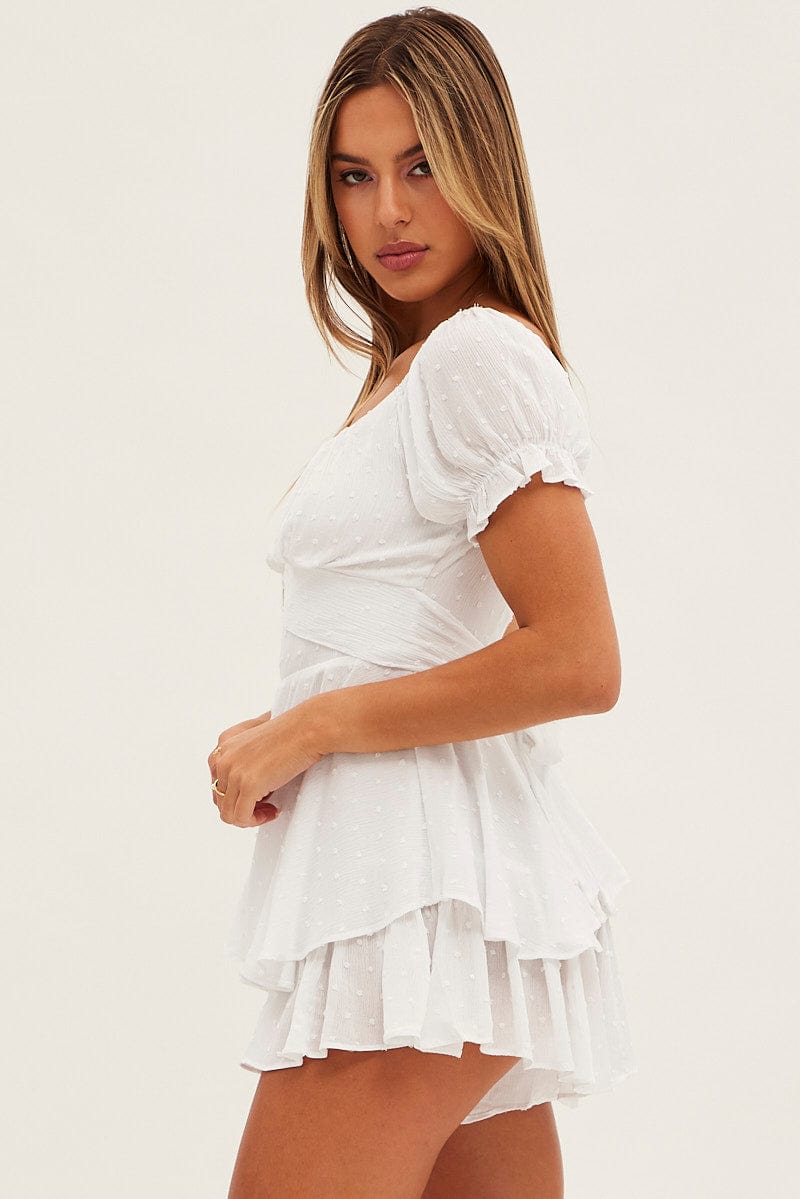 White Ruffle Playsuit Short Sleeve Tie Back for Ally Fashion