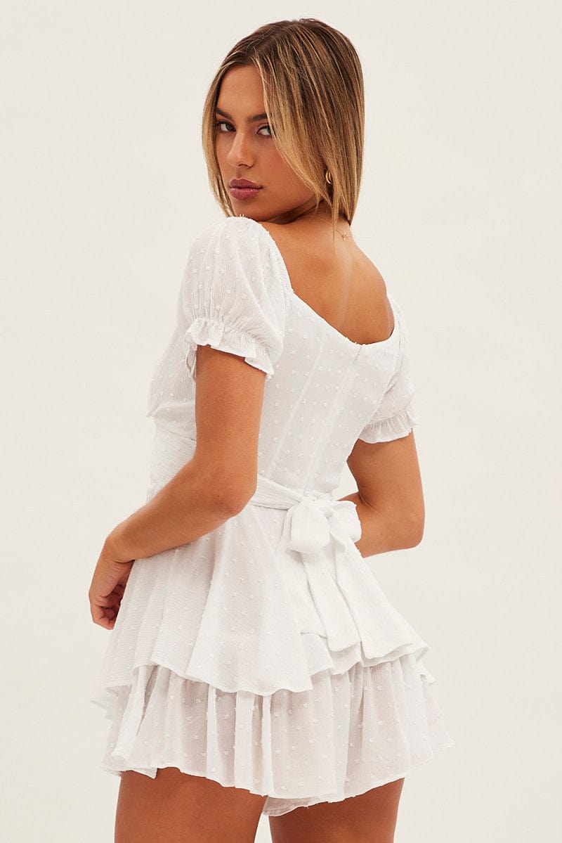 White Ruffle Playsuit Short Sleeve Tie Back for Ally Fashion