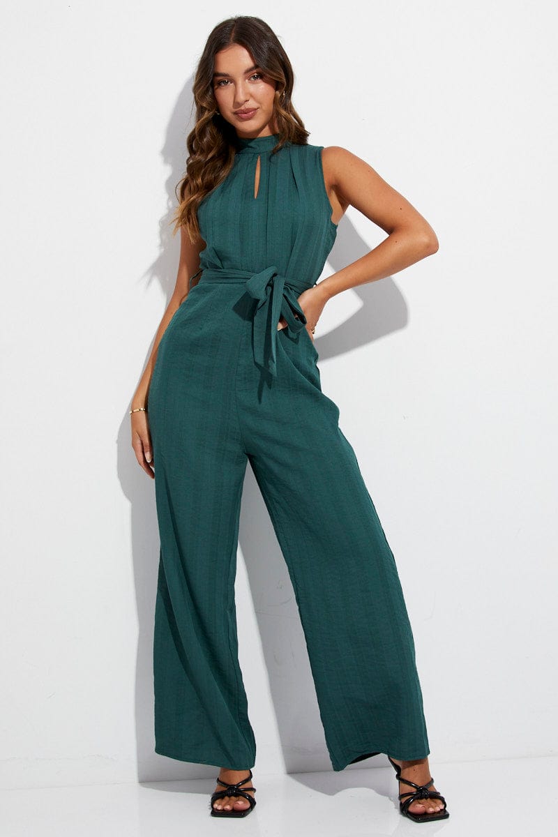 Green Jumpsuit Sleeveless High Neck for Ally Fashion