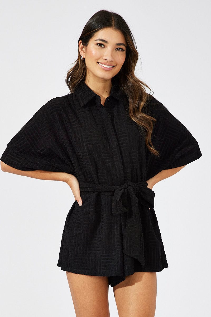 Black Oversized Playsuit Textured fabric for Ally Fashion