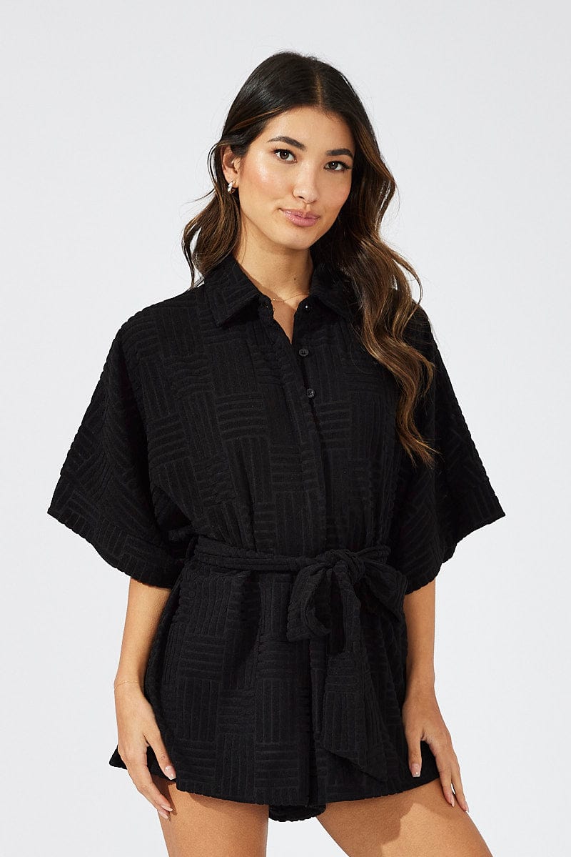 Black Oversized Playsuit Textured fabric for Ally Fashion