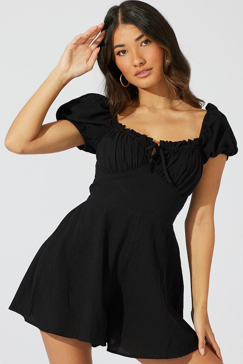 Black Fit And Flare Playsuit Puff Sleeve for Ally Fashion