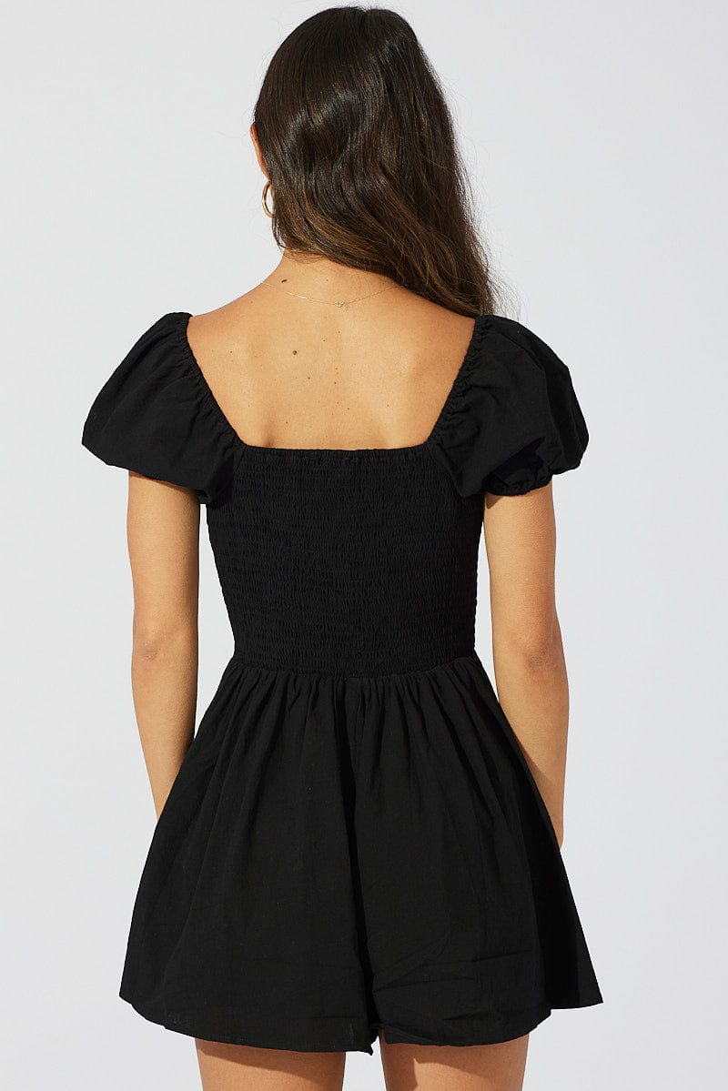 Black Fit And Flare Playsuit Puff Sleeve for Ally Fashion