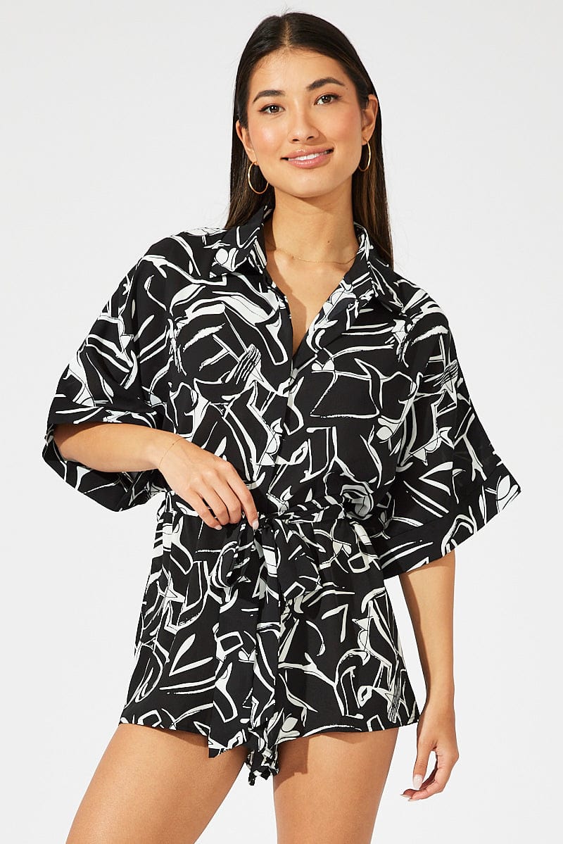 Black Abstract Oversized Playsuit for Ally Fashion