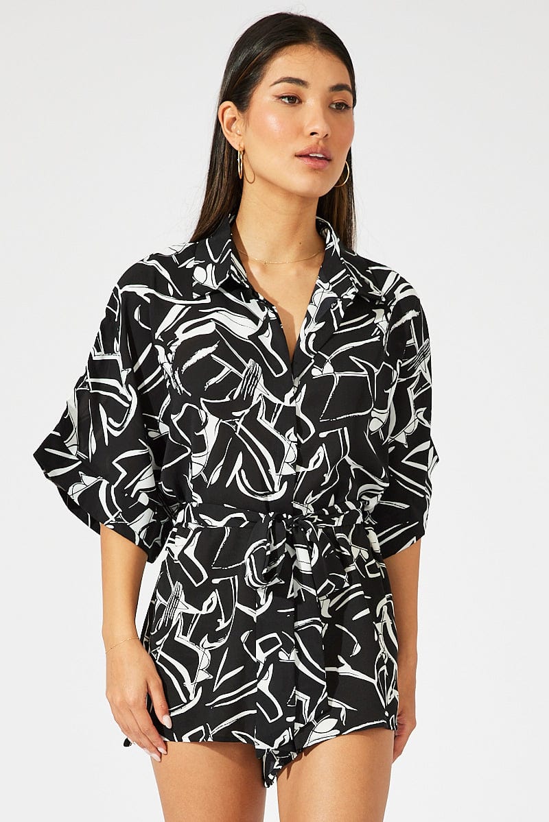 Black Abstract Oversized Playsuit for Ally Fashion