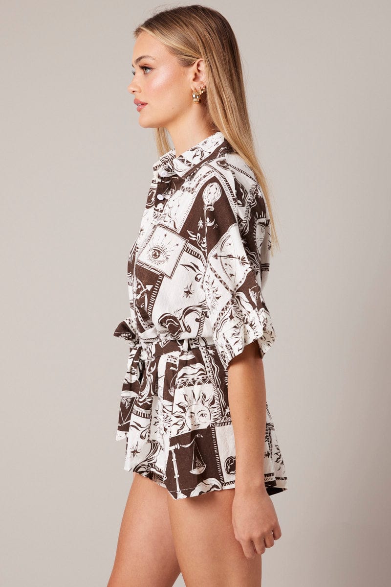 Brown Abstract Oversized Playsuit for Ally Fashion