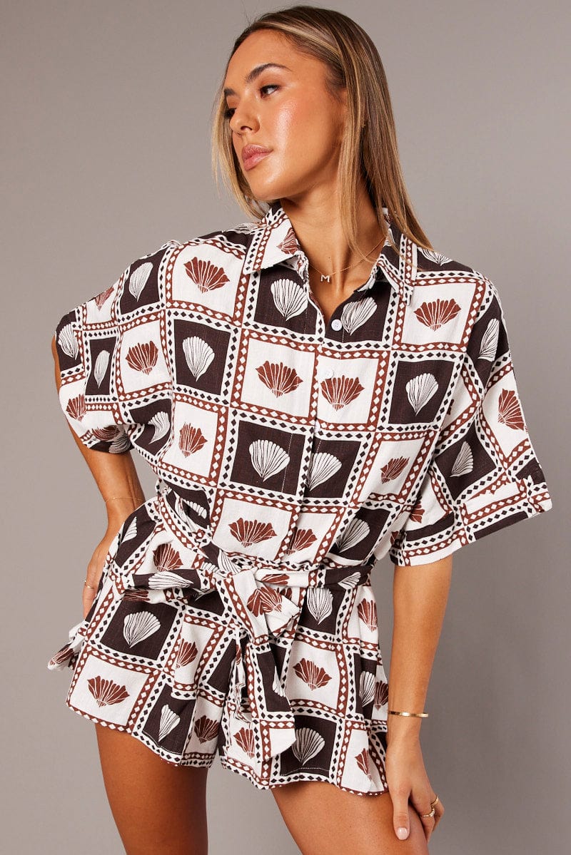 Brown Abstract Oversized Playsuit for Ally Fashion