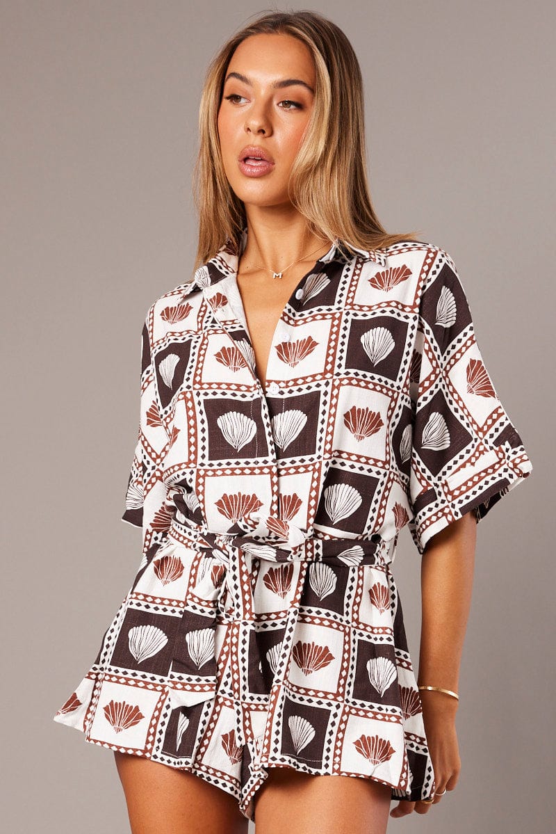 Brown Abstract Oversized Playsuit for Ally Fashion