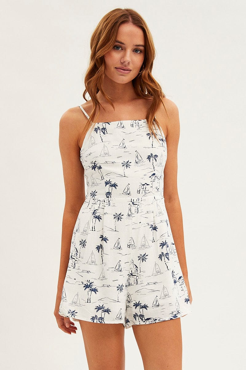 Blue Abstract Print Playsuit Sleeveless for Ally Fashion