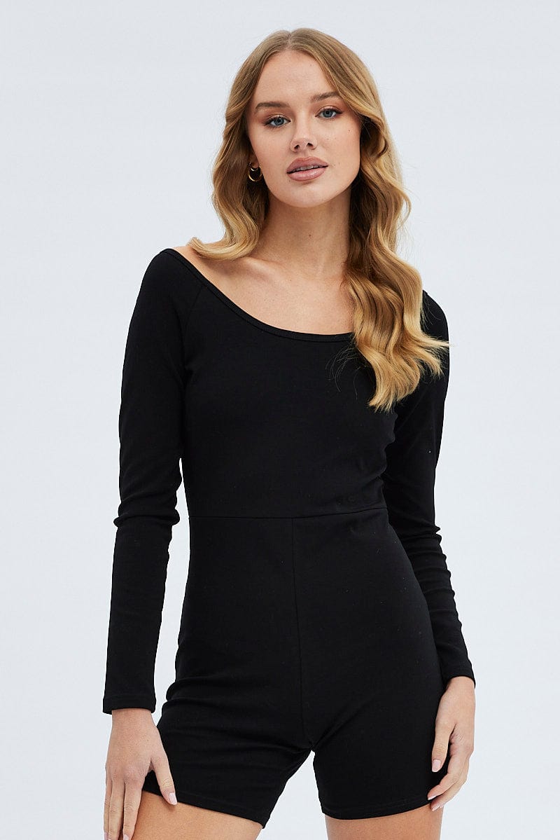Black Romper Scoop Neck Long Sleeve Cotton Playsuit for Ally Fashion