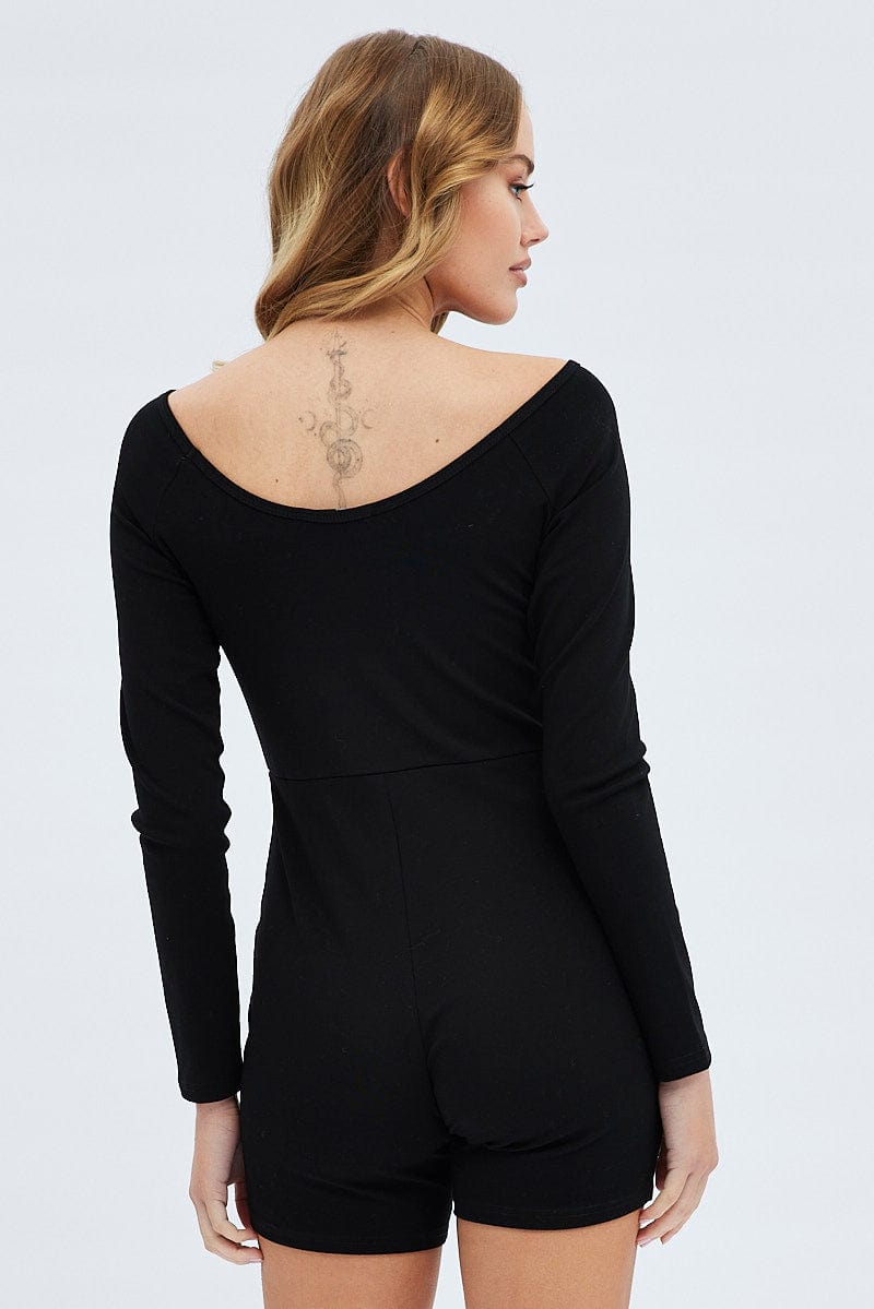 Black Romper Scoop Neck Long Sleeve Cotton Playsuit for Ally Fashion
