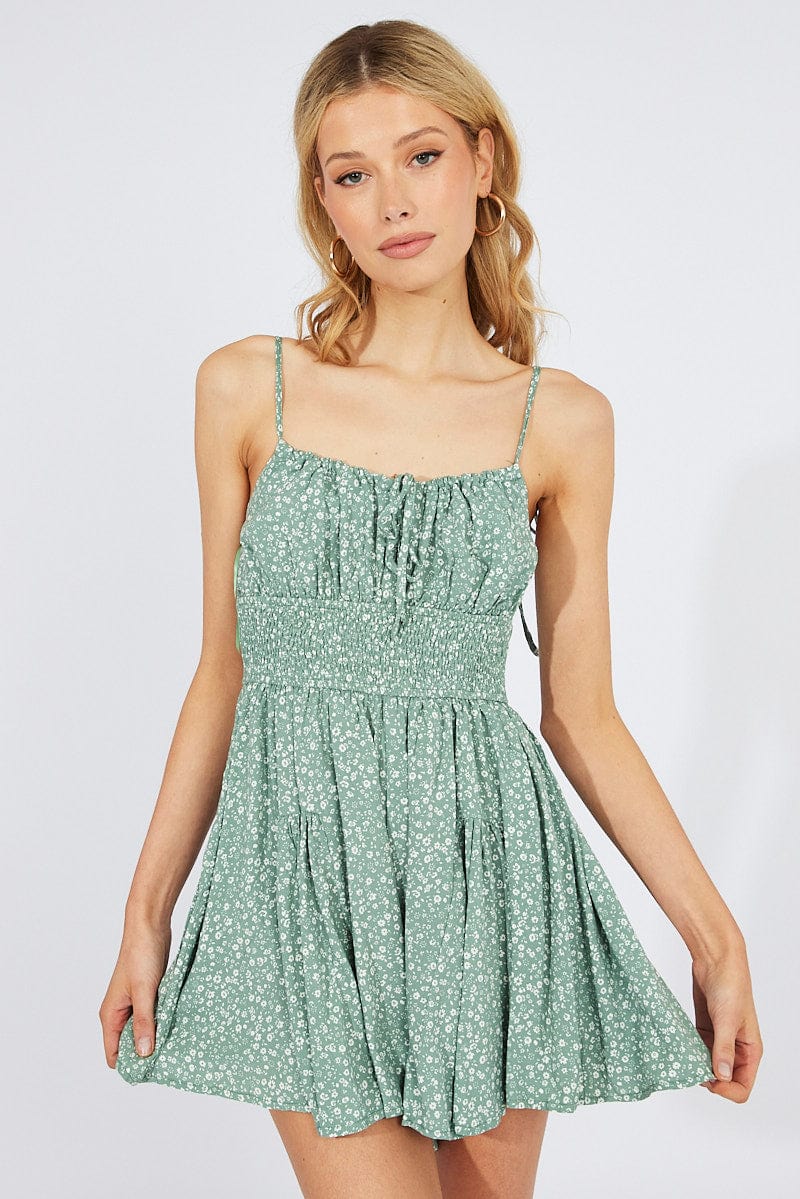 Green Ditsy Fit And Flare Playsuit Gathered Bust Sleeveless for Ally Fashion