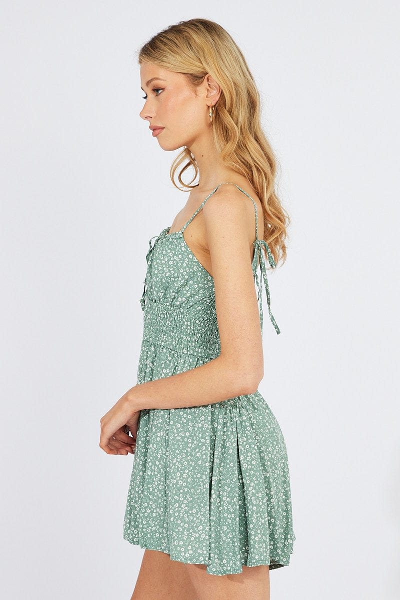 Green Ditsy Fit And Flare Playsuit Gathered Bust Sleeveless for Ally Fashion