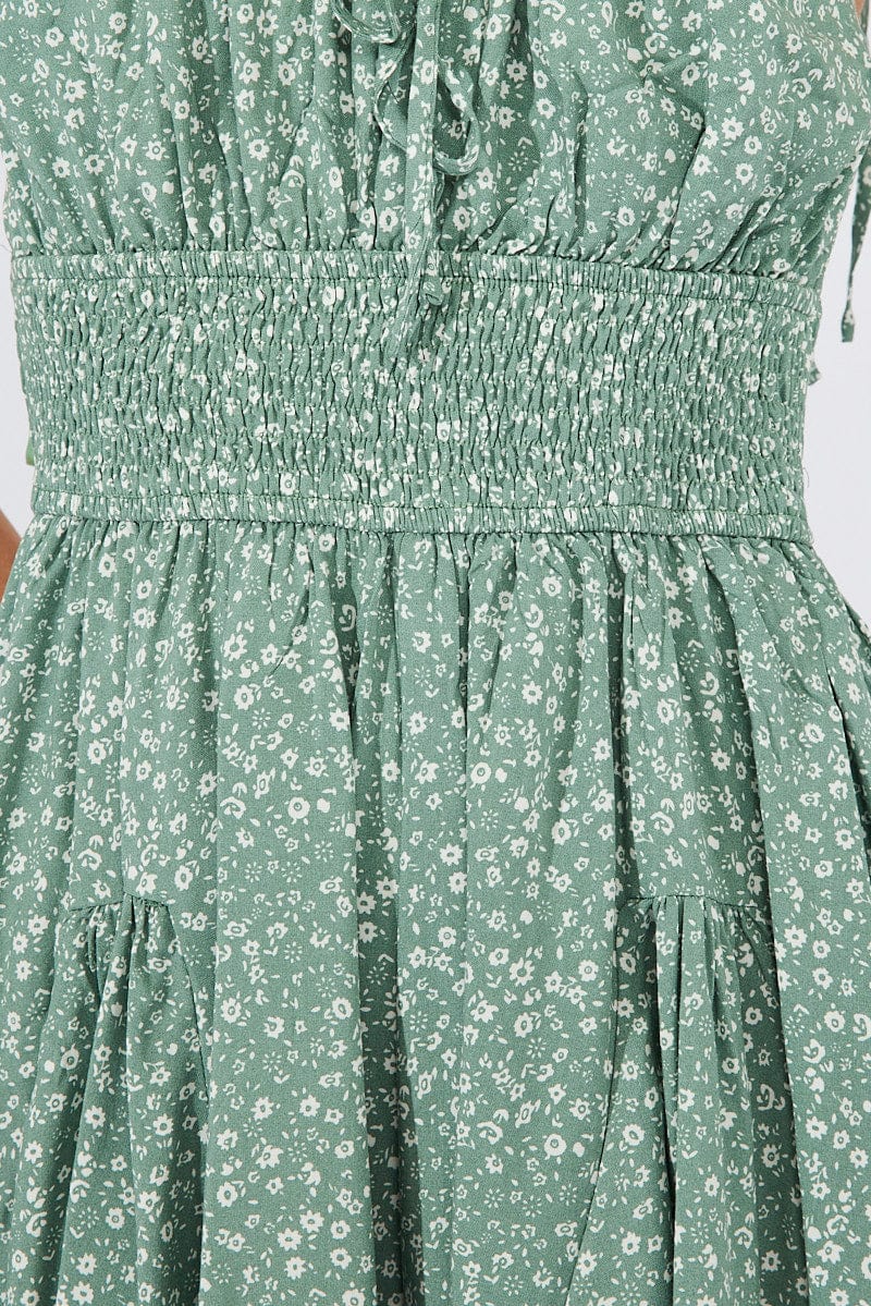 Green Ditsy Fit And Flare Playsuit Gathered Bust Sleeveless for Ally Fashion