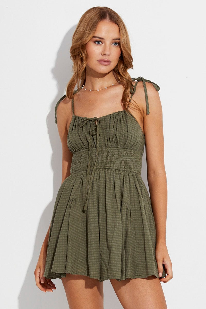Green Playsuit Sleeveless Gathered Bust for Ally Fashion