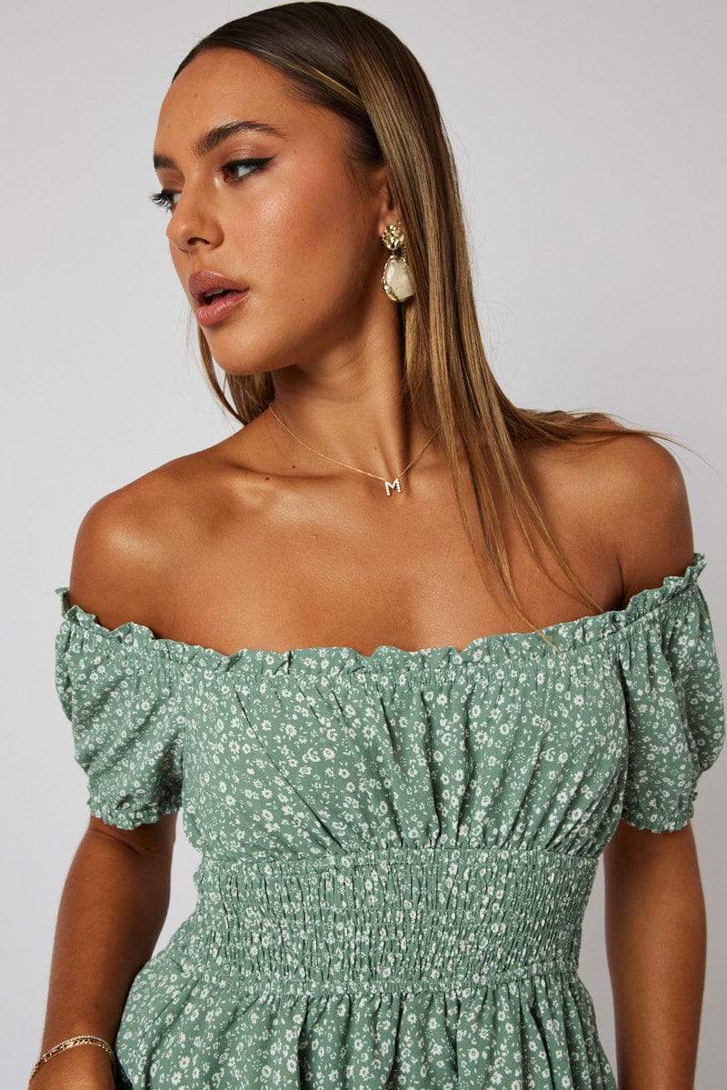 Green Ditsy Ruffle Playsuit Short Sleeve for Ally Fashion