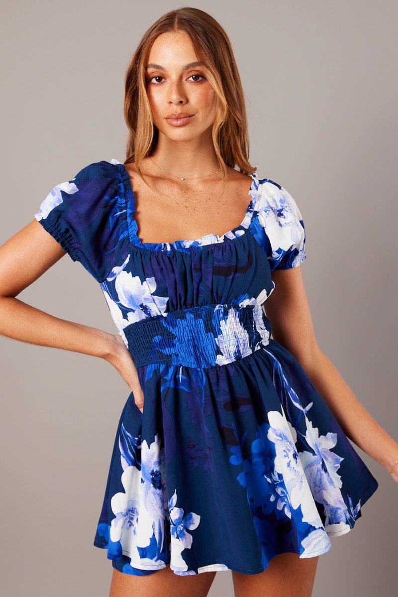 Blue Floral Ruffle Playsuit Short Sleeve for Ally Fashion