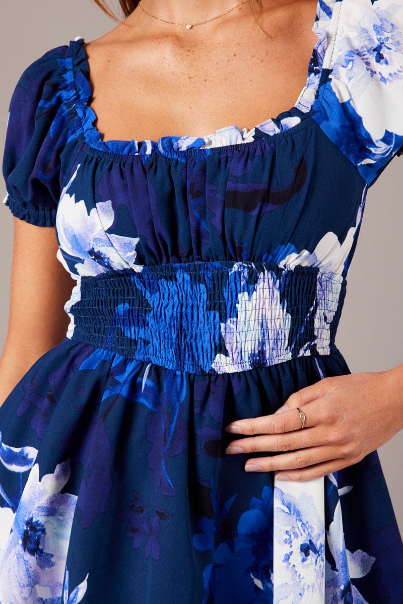 Blue Floral Ruffle Playsuit Short Sleeve for Ally Fashion