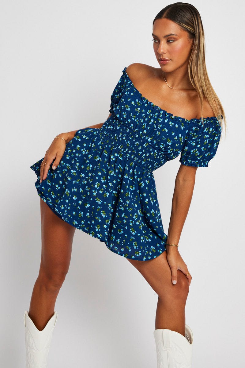 Blue Ditsy Ruffle Playsuit Short Sleeve for Ally Fashion