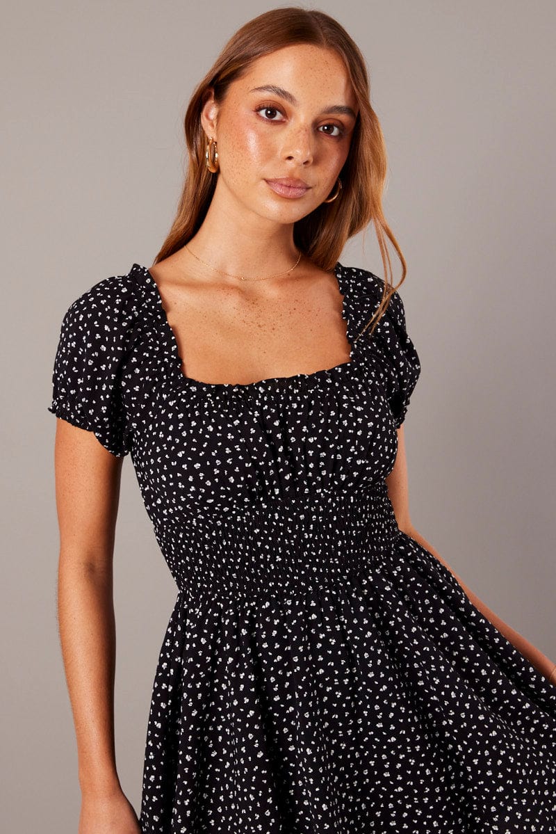 Black Ditsy Ruffle Playsuit Short Sleeve for Ally Fashion